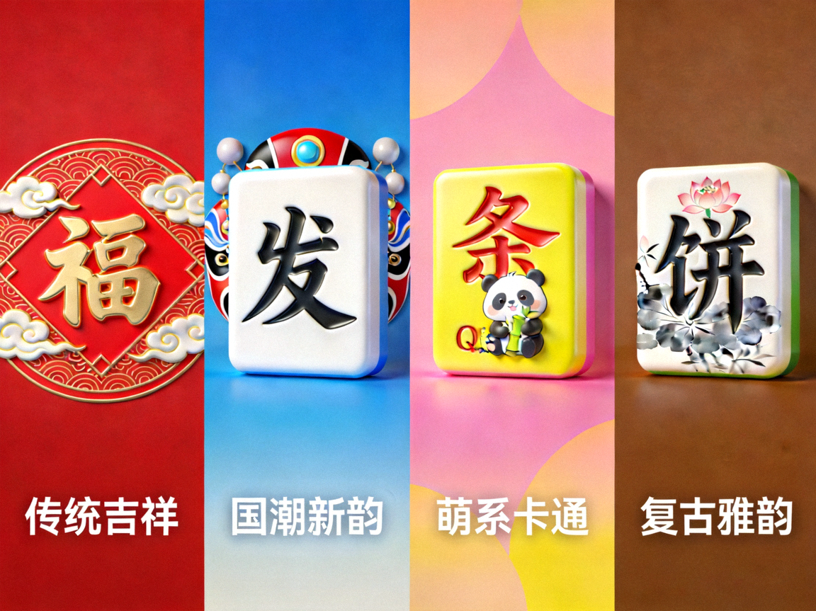 多种主题风格的麻将牌面设计展示，体现吉祥麻将丰富的个性化选择