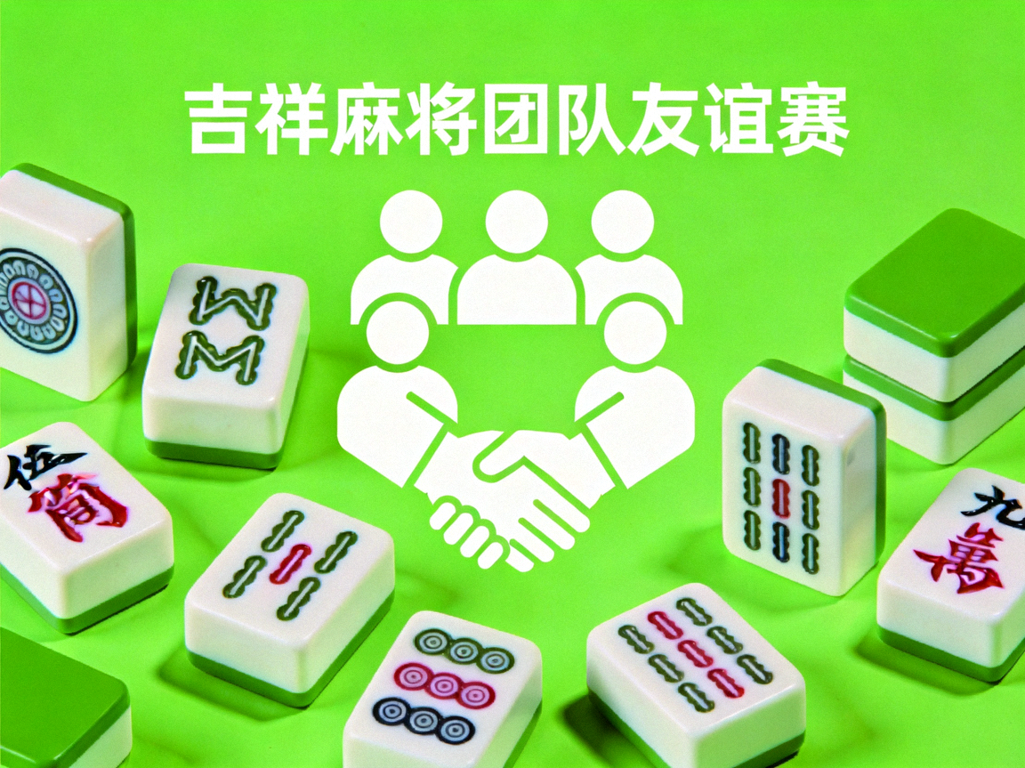 绿色背景上的团队合作图标与麻将牌，展示吉祥麻将团队友谊赛的协作精神