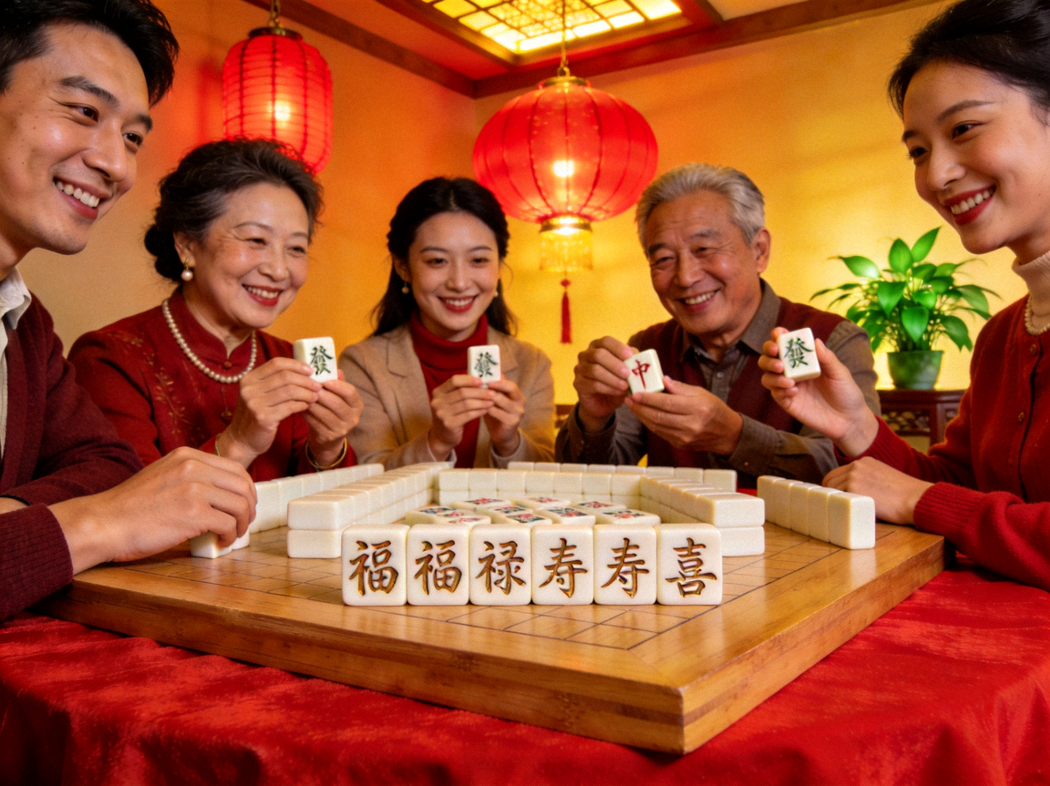 温暖灯光下几位牌友围坐在麻将桌旁愉快对局，展现吉祥麻将促进社交与欢乐的氛围